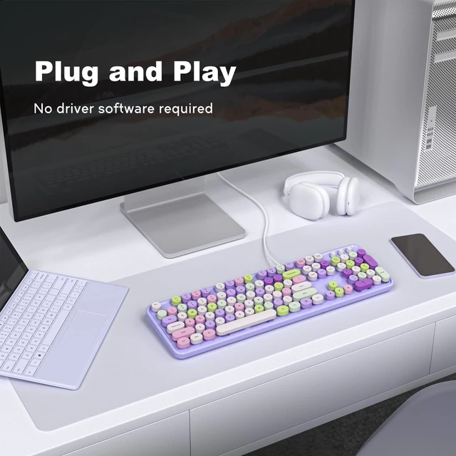 Alt view image 2 of 7 - KNOWSQT Wired Computer Keyboard - Purple Colorful Retro Full Size Round Keycaps Plug and Play Typewriter Cute Keyboards for Windows, Laptop, PC, Desktop, Computer