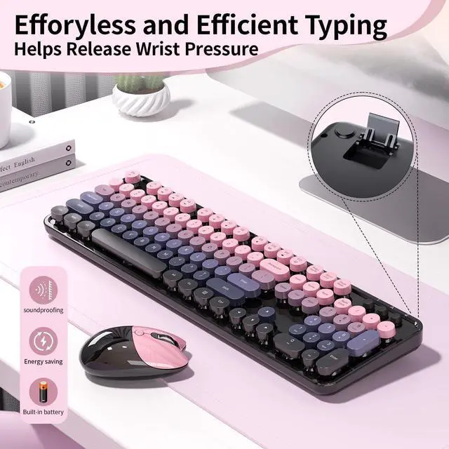 Alt view image 6 of 7 - Wireless Keyboard and Mouse, MOFII 104 Round Keycaps Retro Typewriter with OTG & Brush, Full-Size Ergonomic, Ideal for Windows PC, Home, Office and College Peach Pink