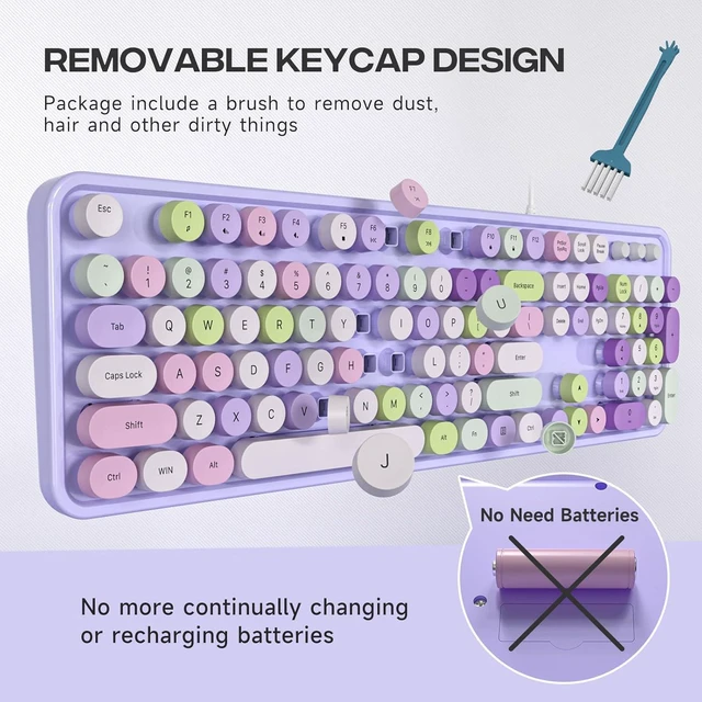 Alt view image 5 of 7 - KNOWSQT Wired Computer Keyboard - Purple Colorful Retro Full Size Round Keycaps Plug and Play Typewriter Cute Keyboards for Windows, Laptop, PC, Desktop, Computer