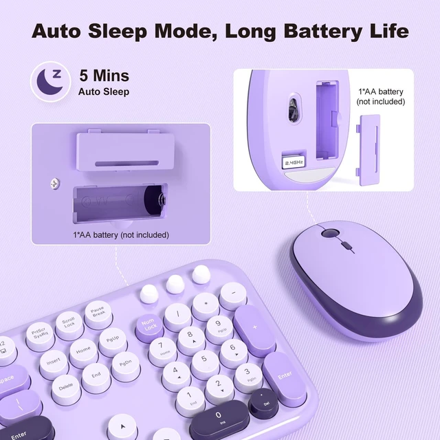 Alt view image 3 of 7 - Wireless Keyboard and Mouse Combo - Lovely Violet 2.4G Full-Sized Colorful Keyboards, Round Keycap USB Dongle Plug Play Cute Keyboards for Windows, Laptop, PC, Desktop, Mac