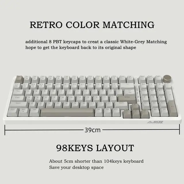 Alt view image 2 of 7 - FIRSTBLOOD ONLY GAME. AK992 Retro Wired Mechanical Keyboard, 98 Keys Full Layout, Hot-Swappable USB Gaming Keyboard with Red Switches, Multimedia Keys Knob, Blue Backlit, Anti-Ghosting, Grey