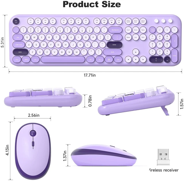Alt view image 7 of 7 - Wireless Keyboard and Mouse Combo - Lovely Violet 2.4G Full-Sized Colorful Keyboards, Round Keycap USB Dongle Plug Play Cute Keyboards for Windows, Laptop, PC, Desktop, Mac