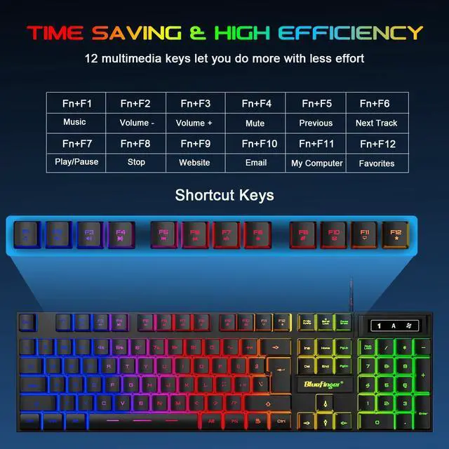 Alt view image 3 of 7 - BlueFinger Gaming Keyboard USB Wired Full Size Keyboards, Rainbow Backlit Light Up Keyboard with Multimedia Keys, Quiet Typing for Windows PC Laptop