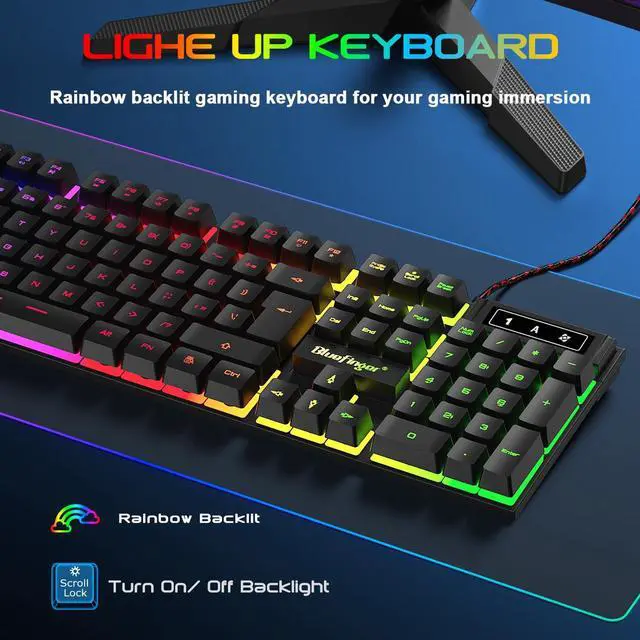 Alt view image 2 of 7 - BlueFinger Gaming Keyboard USB Wired Full Size Keyboards, Rainbow Backlit Light Up Keyboard with Multimedia Keys, Quiet Typing for Windows PC Laptop