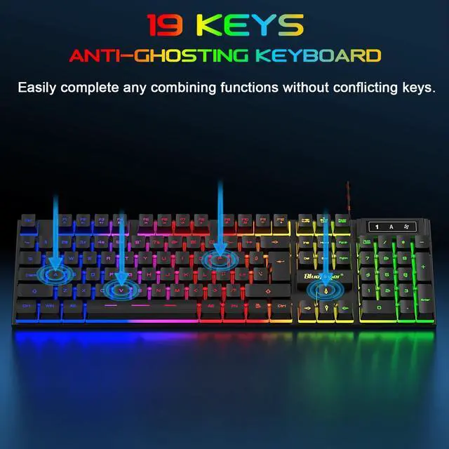 Alt view image 7 of 7 - BlueFinger Gaming Keyboard USB Wired Full Size Keyboards, Rainbow Backlit Light Up Keyboard with Multimedia Keys, Quiet Typing for Windows PC Laptop