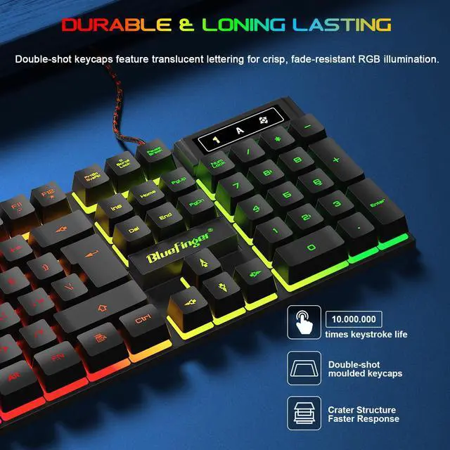 Alt view image 5 of 7 - BlueFinger Gaming Keyboard USB Wired Full Size Keyboards, Rainbow Backlit Light Up Keyboard with Multimedia Keys, Quiet Typing for Windows PC Laptop