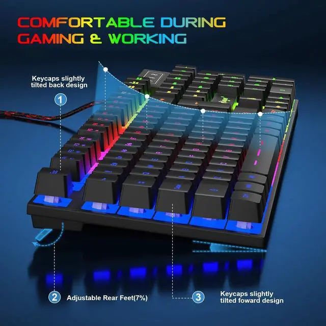 Alt view image 4 of 7 - BlueFinger Gaming Keyboard USB Wired Full Size Keyboards, Rainbow Backlit Light Up Keyboard with Multimedia Keys, Quiet Typing for Windows PC Laptop
