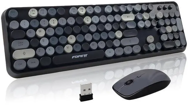 Main image of Wireless Keyboard and Mouse Combo - 2.4G Full-Sized Cute Colorful Retro Keyboard with Round Keycaps 104 Keys Typewriter Keyboard for Laptop/Windows/PC - Grey Colorful