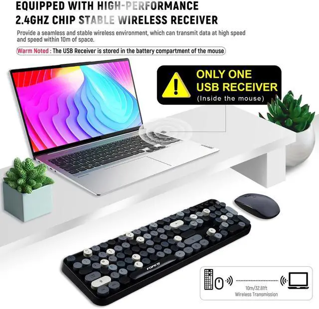 Alt view image 2 of 7 - Wireless Keyboard and Mouse Combo - 2.4G Full-Sized Cute Colorful Retro Keyboard with Round Keycaps 104 Keys Typewriter Keyboard for Laptop/Windows/PC - Grey Colorful