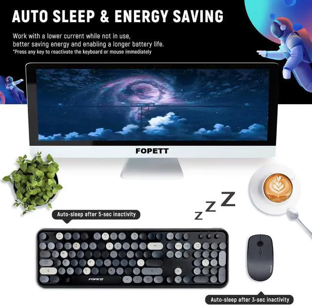 Alt view image 4 of 7 - Wireless Keyboard and Mouse Combo - 2.4G Full-Sized Cute Colorful Retro Keyboard with Round Keycaps 104 Keys Typewriter Keyboard for Laptop/Windows/PC - Grey Colorful