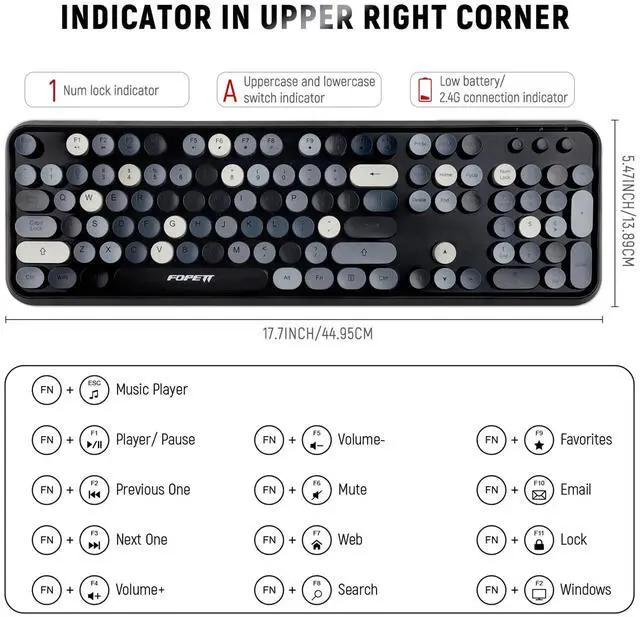 Alt view image 5 of 7 - Wireless Keyboard and Mouse Combo - 2.4G Full-Sized Cute Colorful Retro Keyboard with Round Keycaps 104 Keys Typewriter Keyboard for Laptop/Windows/PC - Grey Colorful