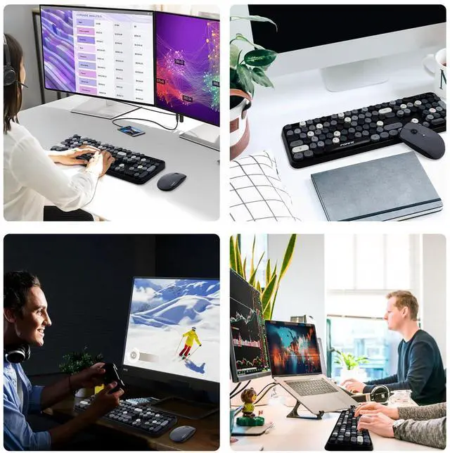 Alt view image 7 of 7 - Wireless Keyboard and Mouse Combo - 2.4G Full-Sized Cute Colorful Retro Keyboard with Round Keycaps 104 Keys Typewriter Keyboard for Laptop/Windows/PC - Grey Colorful
