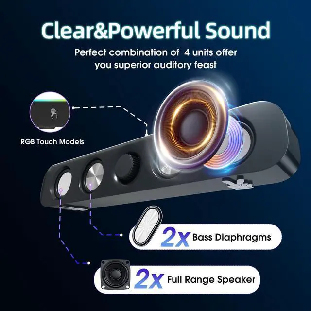 Alt view image 2 of 7 - Uakinat USB Computer Speakers,Wired USB-Powered Bluetooth Computer Sound Bar with RGB & Volume Knob for PC Desktop Computer and Laptops(Black)