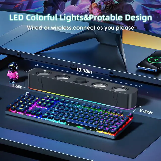 Alt view image 3 of 7 - Uakinat USB Computer Speakers,Wired USB-Powered Bluetooth Computer Sound Bar with RGB & Volume Knob for PC Desktop Computer and Laptops(Black)