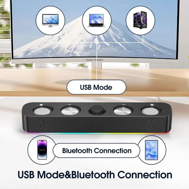 Alt view image 5 of 7 - Uakinat USB Computer Speakers,Wired USB-Powered Bluetooth Computer Sound Bar with RGB & Volume Knob for PC Desktop Computer and Laptops(Black)
