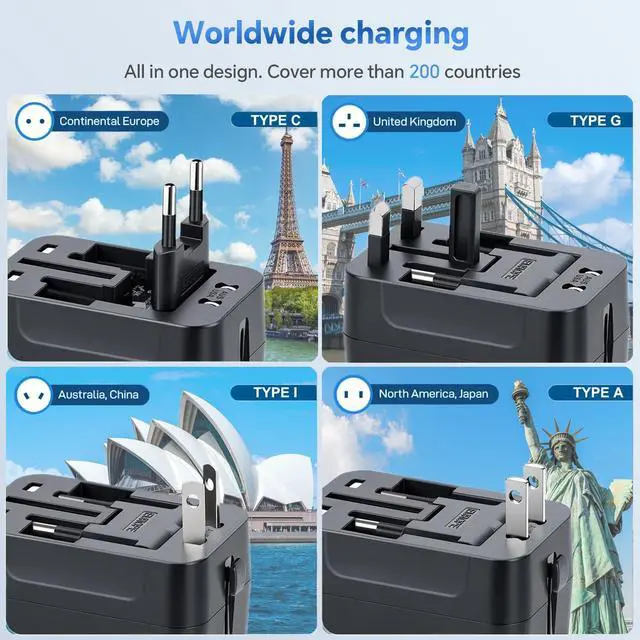 Alt view image 3 of 7 - Universal Travel Adapter Worldwide, GaN Fast Charging with PD 3.0 USB-C & USB-A Quick Charge Ports, All-in-One International Power Plug Adapter Converter AC Wall Charger for Europe USA UK AUS Black
