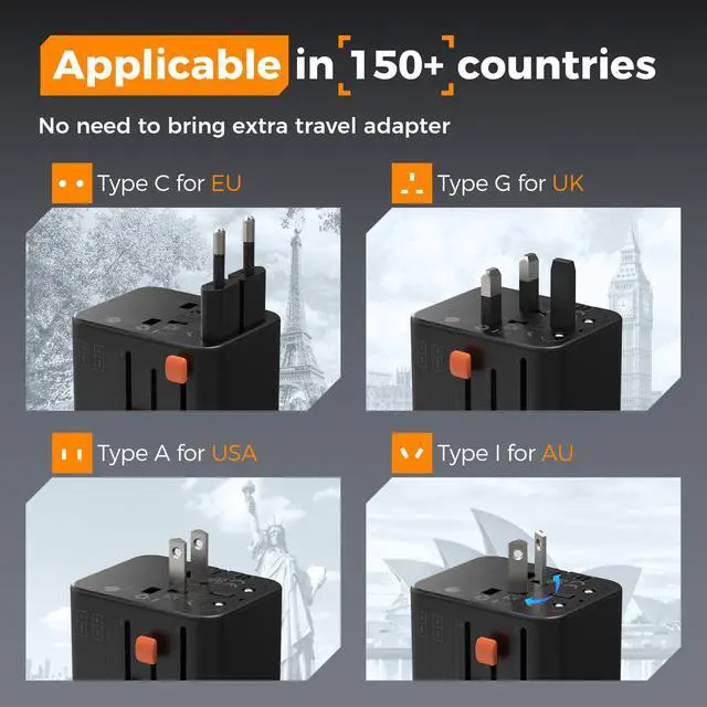 Alt view image 2 of 7 - TESSAN Universal Travel Adapter 28W, International Power Adapter with 5 USB Ports (3 USB C), Travel Plug Adaptor Worldwide for US to Europe UK France Germany Spain Australia (Type C G A I), Black