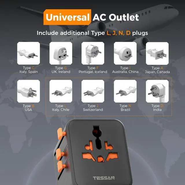 Alt view image 7 of 7 - TESSAN Universal Travel Adapter 28W, International Power Adapter with 5 USB Ports (3 USB C), Travel Plug Adaptor Worldwide for US to Europe UK France Germany Spain Australia (Type C G A I), Black