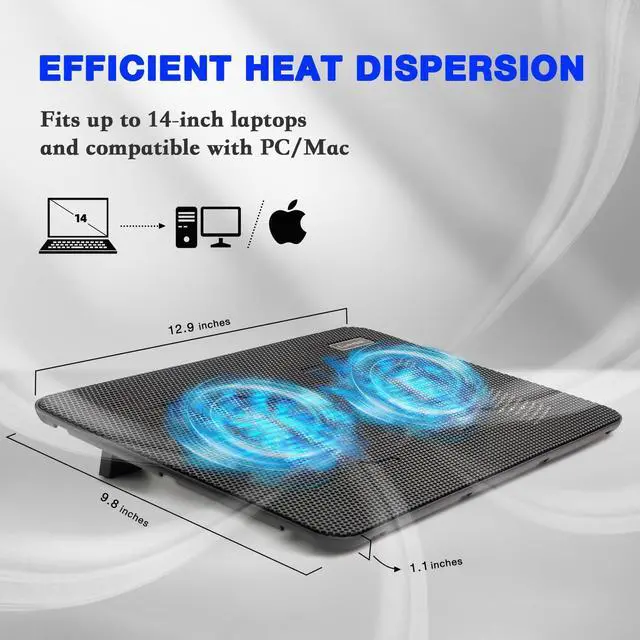 Alt view image 5 of 7 - Laptop Cooling Pad, Coolertek Portable Slim Quiet Laptop Notebook Cooler Cooling Pad Stand with 2 Blue LED Fans, USB Powered, Adjustable Angled, Fits 11-14 Inch Laptop