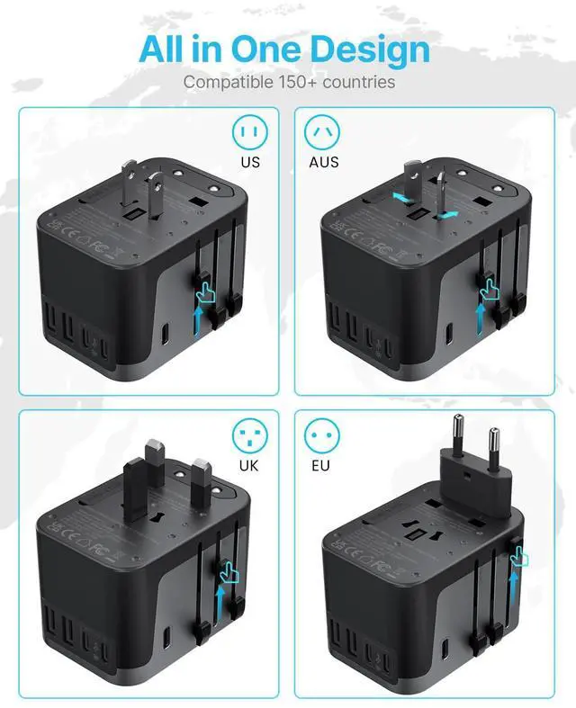 Alt view image 2 of 7 - Universal Travel Adapter, VINTAR International Power Adapter with 6A 3 USB C and 2 USB Ports, All in One Travel Essentials Plug Adapter, Worldwide Outlet Converter for Europe UK USA AUS(Type C/G/A/I)