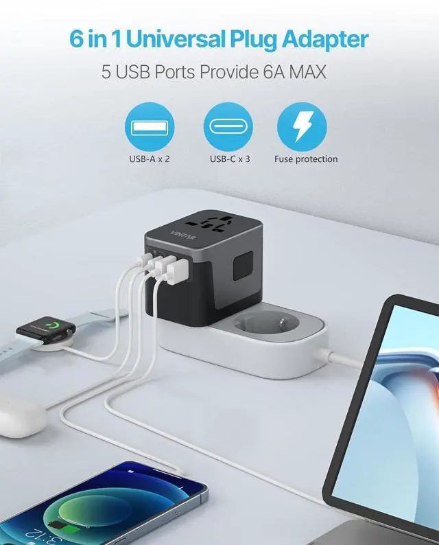 Alt view image 4 of 7 - Universal Travel Adapter, VINTAR International Power Adapter with 6A 3 USB C and 2 USB Ports, All in One Travel Essentials Plug Adapter, Worldwide Outlet Converter for Europe UK USA AUS(Type C/G/A/I)