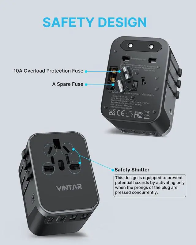 Alt view image 5 of 7 - Universal Travel Adapter, VINTAR International Power Adapter with 6A 3 USB C and 2 USB Ports, All in One Travel Essentials Plug Adapter, Worldwide Outlet Converter for Europe UK USA AUS(Type C/G/A/I)