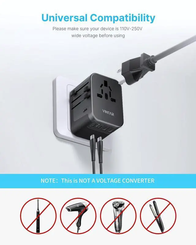 Alt view image 6 of 7 - Universal Travel Adapter, VINTAR International Power Adapter with 6A 3 USB C and 2 USB Ports, All in One Travel Essentials Plug Adapter, Worldwide Outlet Converter for Europe UK USA AUS(Type C/G/A/I)