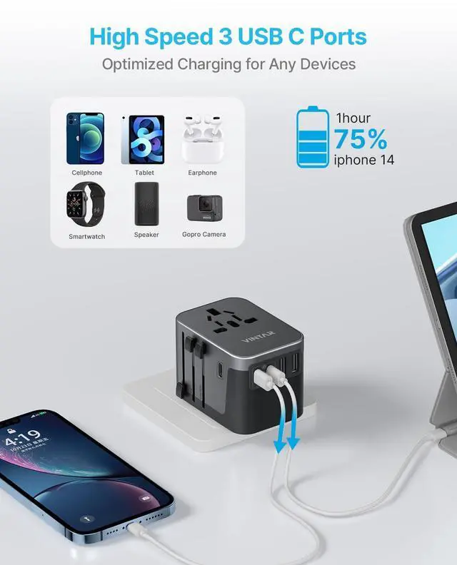 Alt view image 7 of 7 - Universal Travel Adapter, VINTAR International Power Adapter with 6A 3 USB C and 2 USB Ports, All in One Travel Essentials Plug Adapter, Worldwide Outlet Converter for Europe UK USA AUS(Type C/G/A/I)