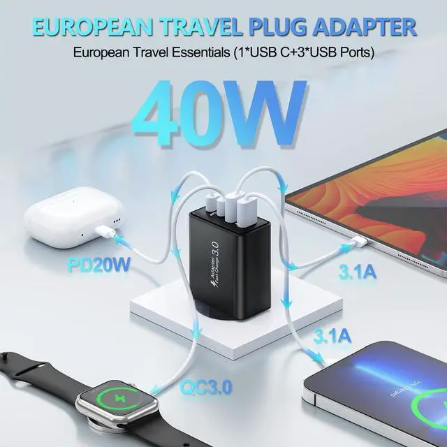 Alt view image 2 of 7 - European Plug Adapter 40W 4 Port European USB C Charger, PD20W QC3.0 Europe USB C Charger Block US to Europe Plug Adapter for iPhone 17 16 15 14 13 12 11 Plus Pro Max X 8, Galaxy, Android