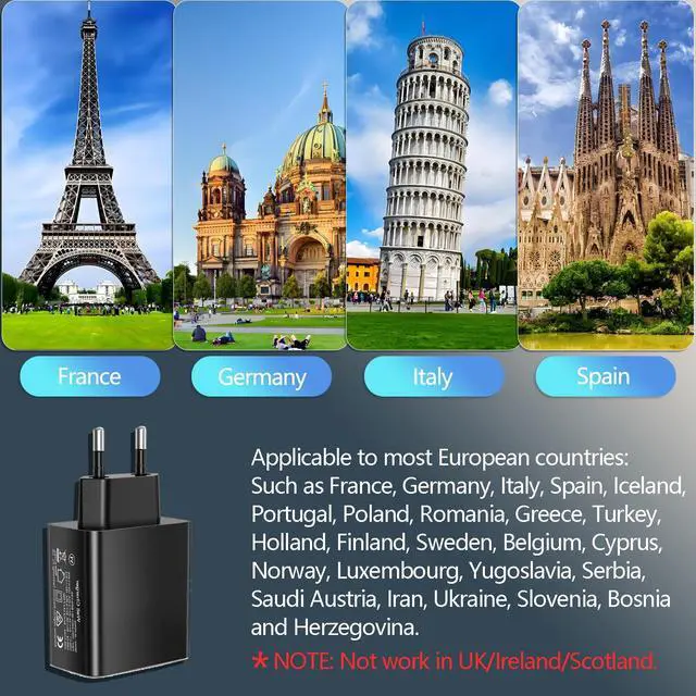 Alt view image 4 of 7 - European Plug Adapter 40W 4 Port European USB C Charger, PD20W QC3.0 Europe USB C Charger Block US to Europe Plug Adapter for iPhone 17 16 15 14 13 12 11 Plus Pro Max X 8, Galaxy, Android