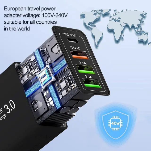Alt view image 6 of 7 - European Plug Adapter 40W 4 Port European USB C Charger, PD20W QC3.0 Europe USB C Charger Block US to Europe Plug Adapter for iPhone 17 16 15 14 13 12 11 Plus Pro Max X 8, Galaxy, Android