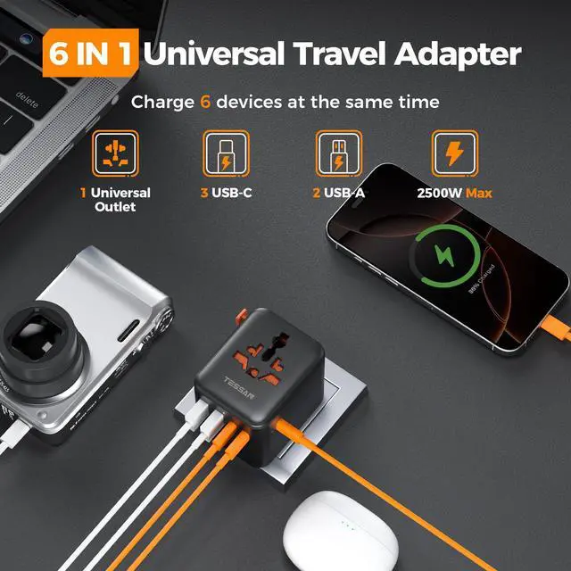 Alt view image 4 of 7 - TESSAN Universal Travel Adapter 28W, International Power Adapter with 5 USB Ports (3 USB C), Travel Plug Adaptor Worldwide for US to Europe UK France Germany Spain Australia (Type C G A I), Black