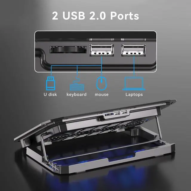 Alt view image 3 of 6 - KYOLLY Ultra Slim Laptop Cooling Pad with 2 Quiet Big Fans, 5 Height Adjustable Ergonomic Stand, Portable Cooler for 10-15.6 Inch Laptops, Speed Control and 2 USB Ports