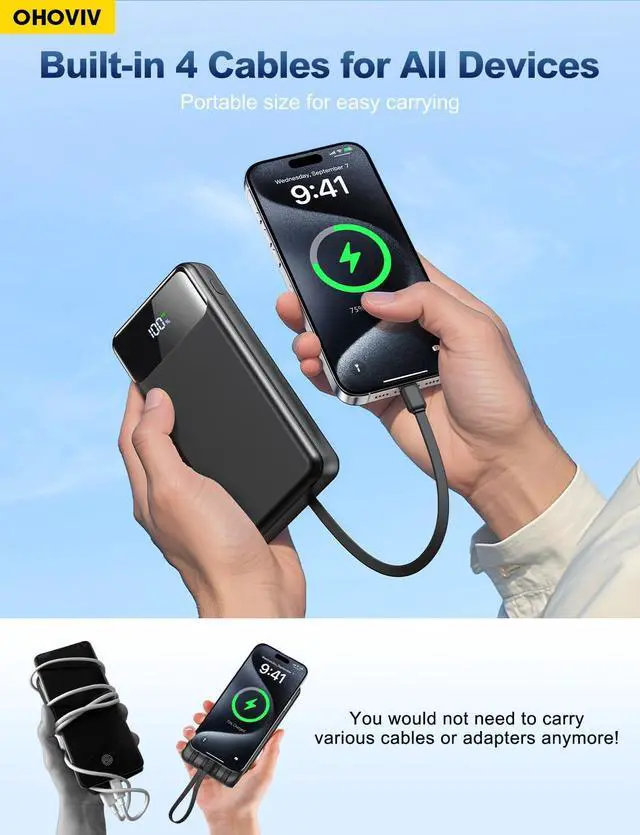 Alt view image 3 of 7 - OHOVIV Portable Charger Power Bank 50000mAh Battery Pack, 22.5W Fast Charging PowerBank with Built in Cables,Travel Camping Essential USB-C Portable Phone Charger for iPhone Samsung Pixel Android iPad