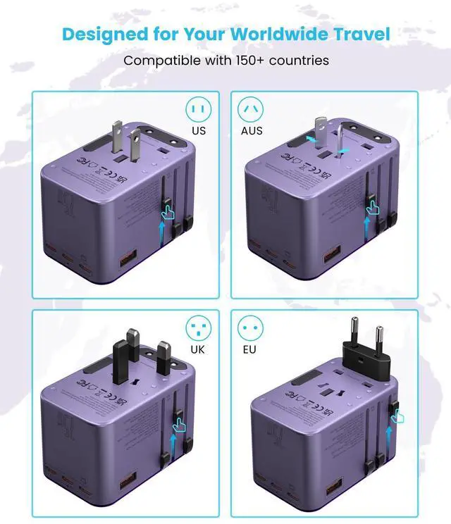Alt view image 3 of 6 - Universal Travel Adapter, VINTAR 75W GaN International Power Adapter with 3 USB C PD and 2 USB A QC, All in One Travel Essentials for UK/EU/USA/AUS, Travel Adapter Worldwide for Laptops Phones, Purple