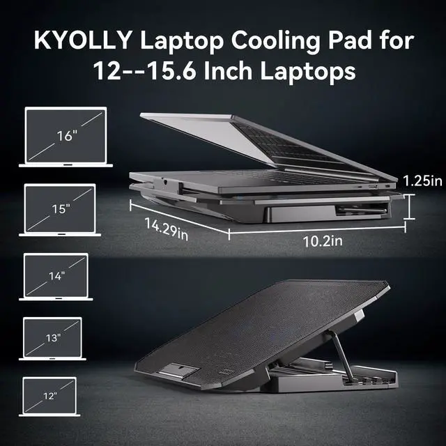 Alt view image 6 of 6 - KYOLLY Ultra Slim Laptop Cooling Pad with 2 Quiet Big Fans, 5 Height Adjustable Ergonomic Stand, Portable Cooler for 10-15.6 Inch Laptops, Speed Control and 2 USB Ports