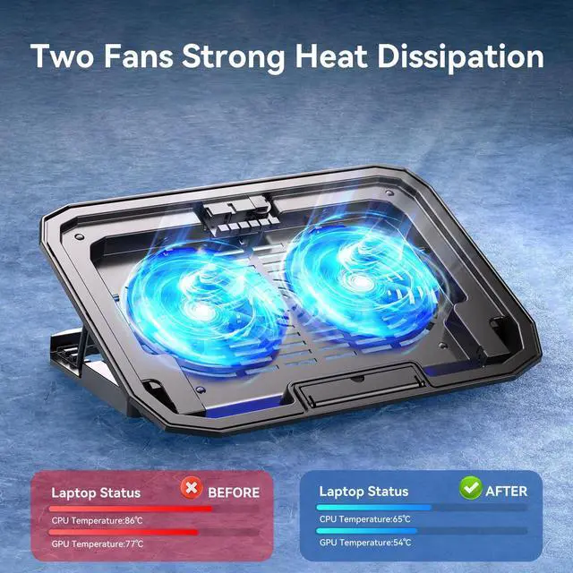 Alt view image 5 of 6 - KYOLLY Ultra Slim Laptop Cooling Pad with 2 Quiet Big Fans, 5 Height Adjustable Ergonomic Stand, Portable Cooler for 10-15.6 Inch Laptops, Speed Control and 2 USB Ports