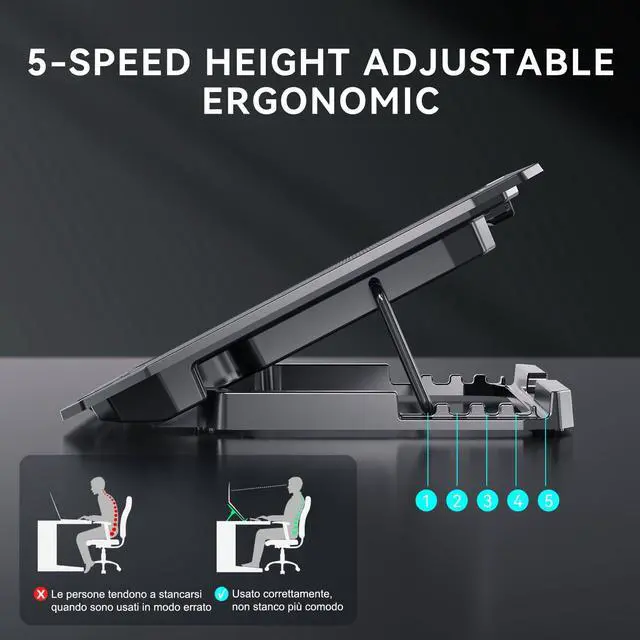 Alt view image 4 of 6 - KYOLLY Ultra Slim Laptop Cooling Pad with 2 Quiet Big Fans, 5 Height Adjustable Ergonomic Stand, Portable Cooler for 10-15.6 Inch Laptops, Speed Control and 2 USB Ports
