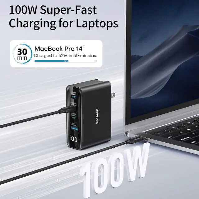 Alt view image 3 of 7 - 100W USB C Travel Charger, 4-Ports Foldable Travel Adapter Plug Converter with UK/EU/AU Plugs, Fast Charging for MacBook Pro/Air, iPad Pro, iPhone 15/14 Pro Max, for 45w Samsung Galaxy, Black