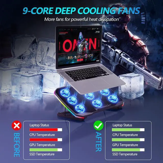 Alt view image 2 of 7 - AIMIUZI Laptop Cooling Pad, Gaming Laptop Cooler with 9 Quiet Fans, Laptop Cooling Stand for 12-17 Inch, Laptop Computer Fan with 5 Height Adjustable,2 USB Ports,1 Phone Stand