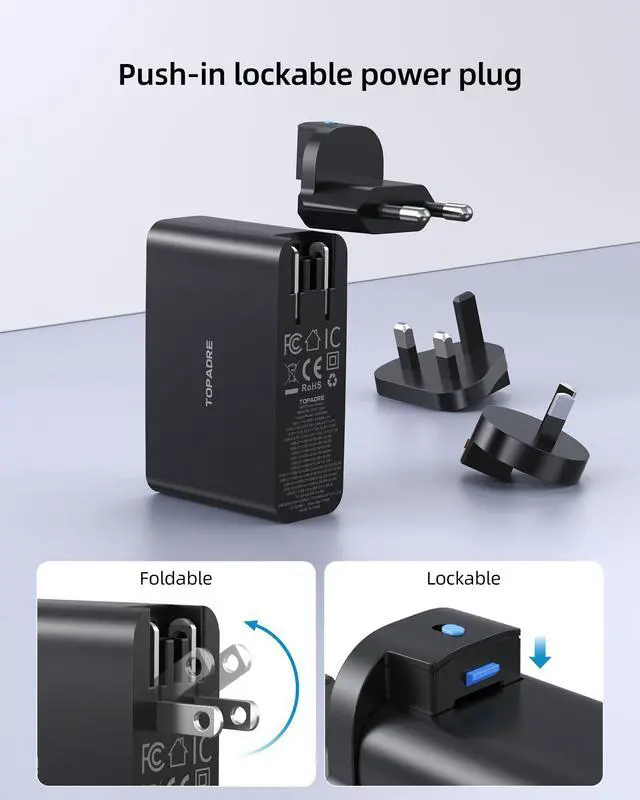 Alt view image 6 of 7 - 100W USB C Travel Charger, 4-Ports Foldable Travel Adapter Plug Converter with UK/EU/AU Plugs, Fast Charging for MacBook Pro/Air, iPad Pro, iPhone 15/14 Pro Max, for 45w Samsung Galaxy, Black