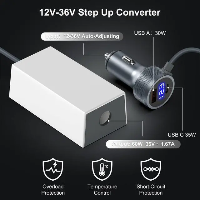 Alt view image 2 of 7 - Starlink Mini Car Adapter for DC Power Cable Accessories with 3 in 1 Cigarette Lighter Adapter,Starlink Mini Step Up Booster[12-36V Input,36V/1.67A Output] Compatible with Car, RV,Truck,Boat