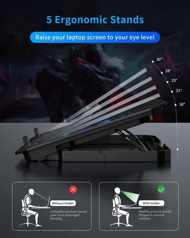 Alt view image 3 of 7 - Laptop Cooling Pad for 12-15.6 Inch, 6 Cooler Fans with Blue Lights, Laptop Cooling Stand with 2 USB Ports (Blue)