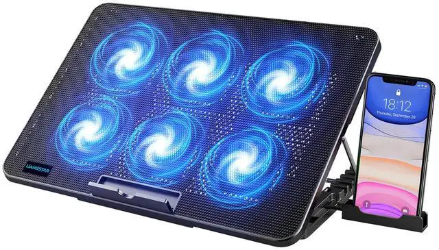 Main image of Laptop Cooling Pad, Laptop Cooler with 6 Quiet Fans for 12-17 Inch Notebook Gaming Fan Stable Stand, 7 Height & Wind Speed Adjustable, 2 USB Port & Phone Holder (Black)