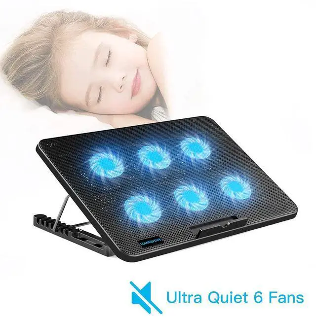 Alt view image 2 of 7 - Laptop Cooling Pad, Laptop Cooler with 6 Quiet Fans for 12-17 Inch Notebook Gaming Fan Stable Stand, 7 Height & Wind Speed Adjustable, 2 USB Port & Phone Holder (Black)