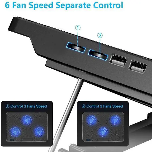 Alt view image 5 of 7 - Laptop Cooling Pad, Laptop Cooler with 6 Quiet Fans for 12-17 Inch Notebook Gaming Fan Stable Stand, 7 Height & Wind Speed Adjustable, 2 USB Port & Phone Holder (Black)