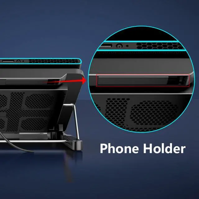 Alt view image 6 of 7 - Laptop Cooling Pad, Laptop Cooler with 6 Quiet Fans for 12-17 Inch Notebook Gaming Fan Stable Stand, 7 Height & Wind Speed Adjustable, 2 USB Port & Phone Holder (Black)