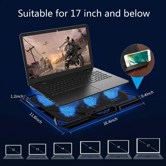 Alt view image 7 of 7 - Laptop Cooling Pad, Laptop Cooler with 6 Quiet Led Fans for 15.6-17 Inch Laptop Cooling Fan Stand, Portable Ultra Slim USB Powered Gaming Laptop Cooling Pad, Switch Control Fan Speed Function