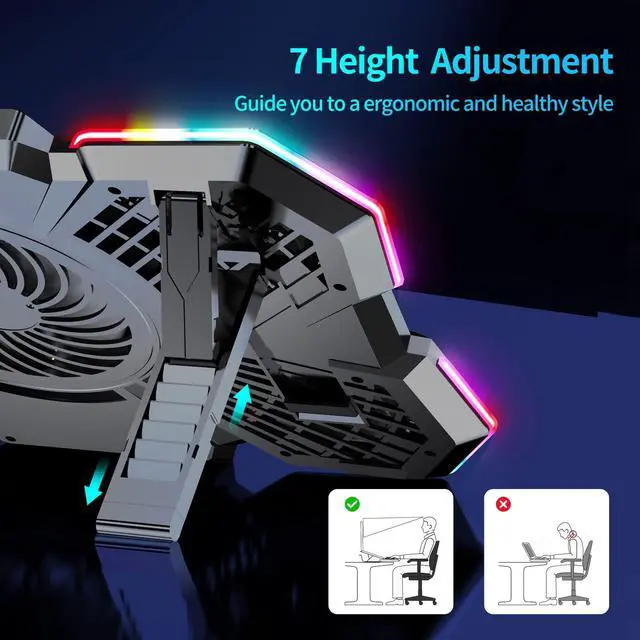 Alt view image 2 of 6 - AIMIUZI Laptop Cooling Pad, Gaming Laptop Cooler with 5 Quiet Fans and LED Lights (One-Click Close), Laptop Fan Cooling Pad Fits 12-17 Inch Laptop, 7 Adjustable Height