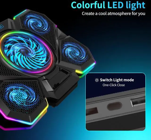 Alt view image 4 of 6 - AIMIUZI Laptop Cooling Pad, Gaming Laptop Cooler with 5 Quiet Fans and LED Lights (One-Click Close), Laptop Fan Cooling Pad Fits 12-17 Inch Laptop, 7 Adjustable Height